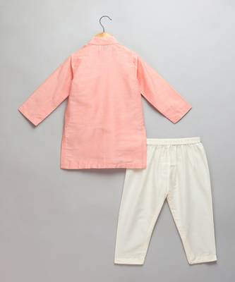 Peach printed cotton silk father son kurta combo set 4