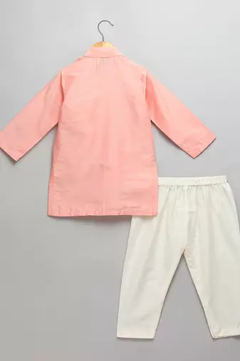 Peach printed cotton silk father son kurta combo set