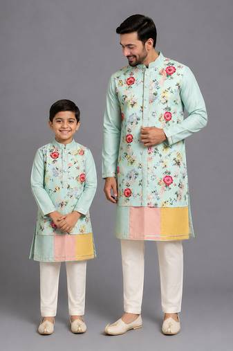 Mint green printed cotton silk father son kurta combo set