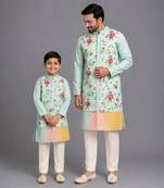 Mint green printed cotton silk father son kurta combo set