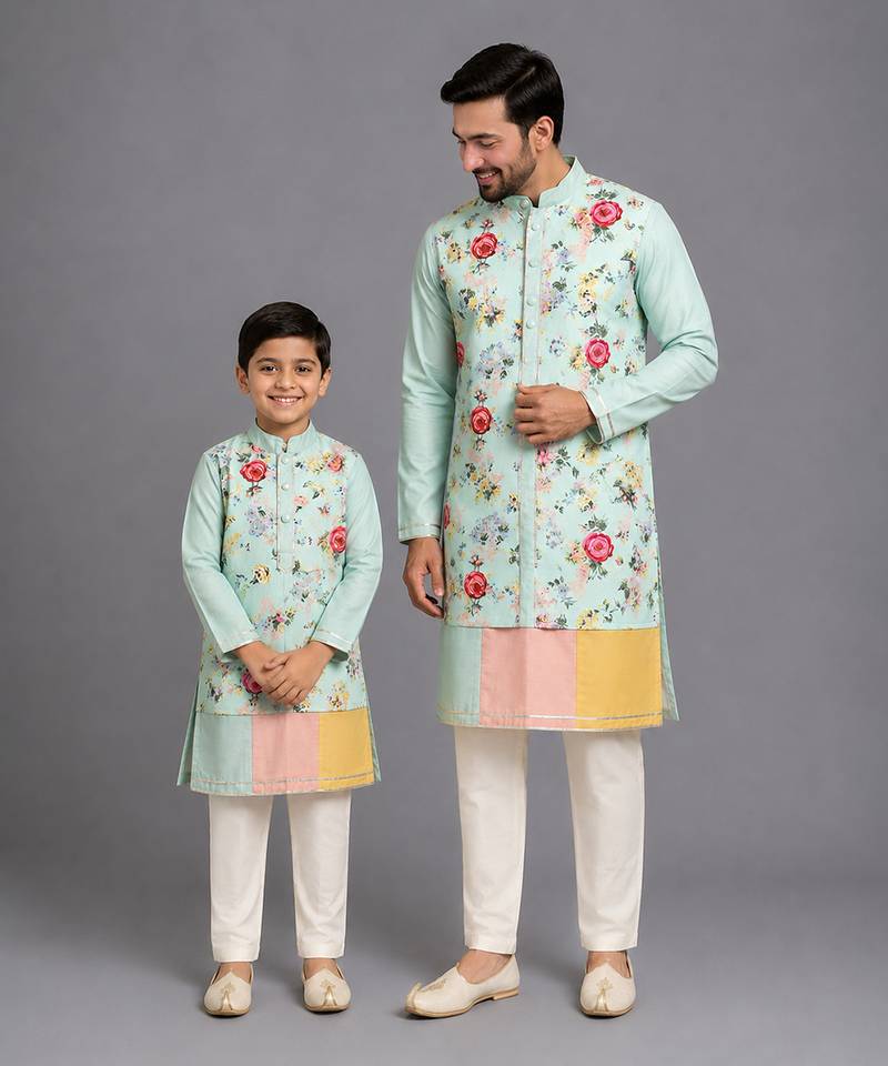 Mint green printed cotton silk father son kurta combo set