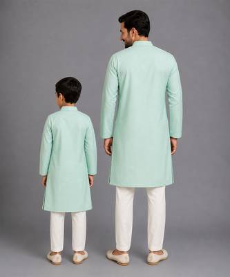 Mint green printed cotton silk father son kurta combo set 2
