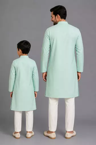 Mint green printed cotton silk father son kurta combo set