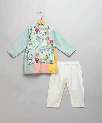 Mint green printed cotton silk father son kurta combo set 3
