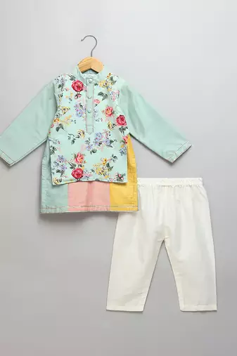 Mint green printed cotton silk father son kurta combo set