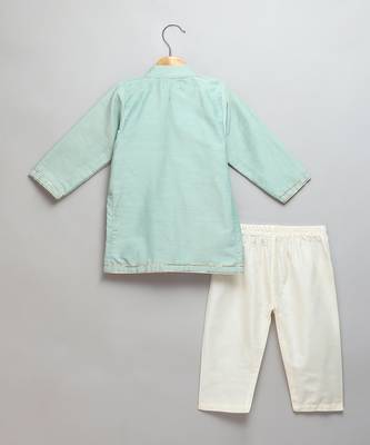 Mint green printed cotton silk father son kurta combo set 4