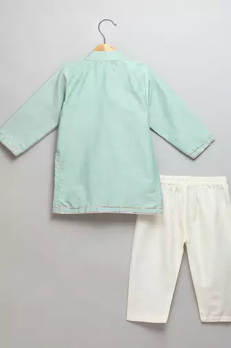 Mint green printed cotton silk father son kurta combo set