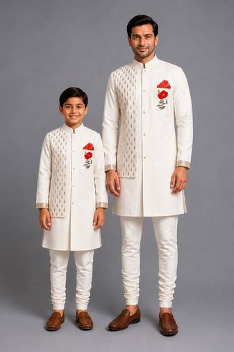 Ivory embroidered cotton silk father son bandhgala combo set