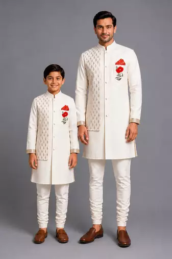 Ivory embroidered cotton silk father son bandhgala combo set