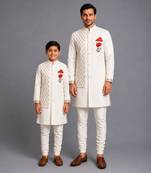 Ivory embroidered cotton silk father son bandhgala combo set