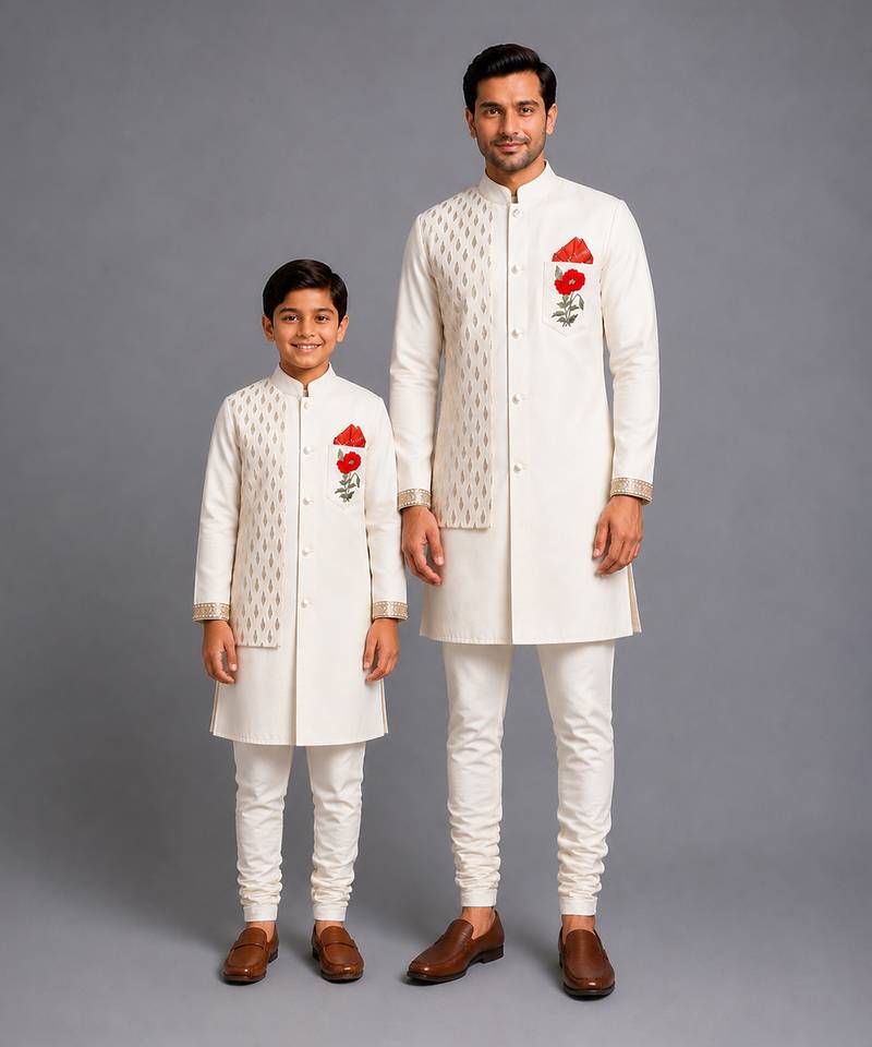 Ivory embroidered cotton silk father son bandhgala combo set