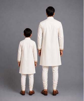 Ivory embroidered cotton silk father son bandhgala combo set 2