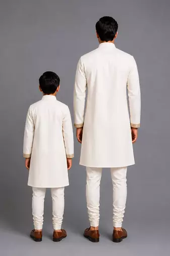 Ivory embroidered cotton silk father son bandhgala combo set