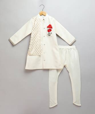 Ivory embroidered cotton silk father son bandhgala combo set 3