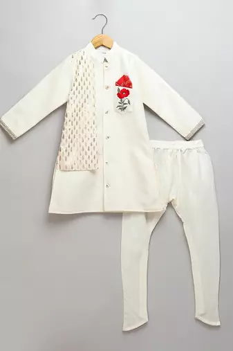 Ivory embroidered cotton silk father son bandhgala combo set
