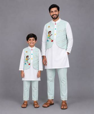 Ivory blue printed cotton father son kurta combo set 1