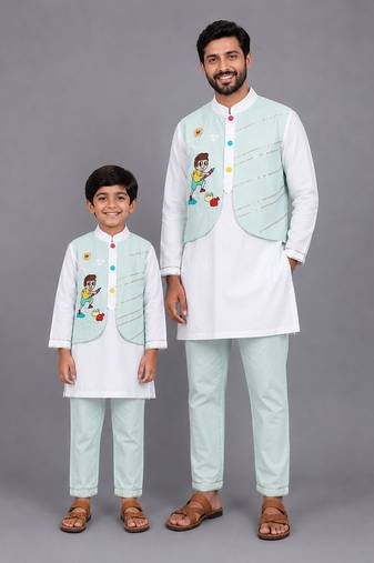 Ivory blue printed cotton father son kurta combo set