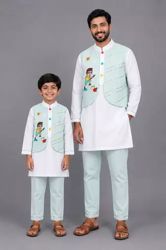 Ivory blue printed cotton father son kurta combo set