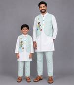 Ivory blue printed cotton father son kurta combo set