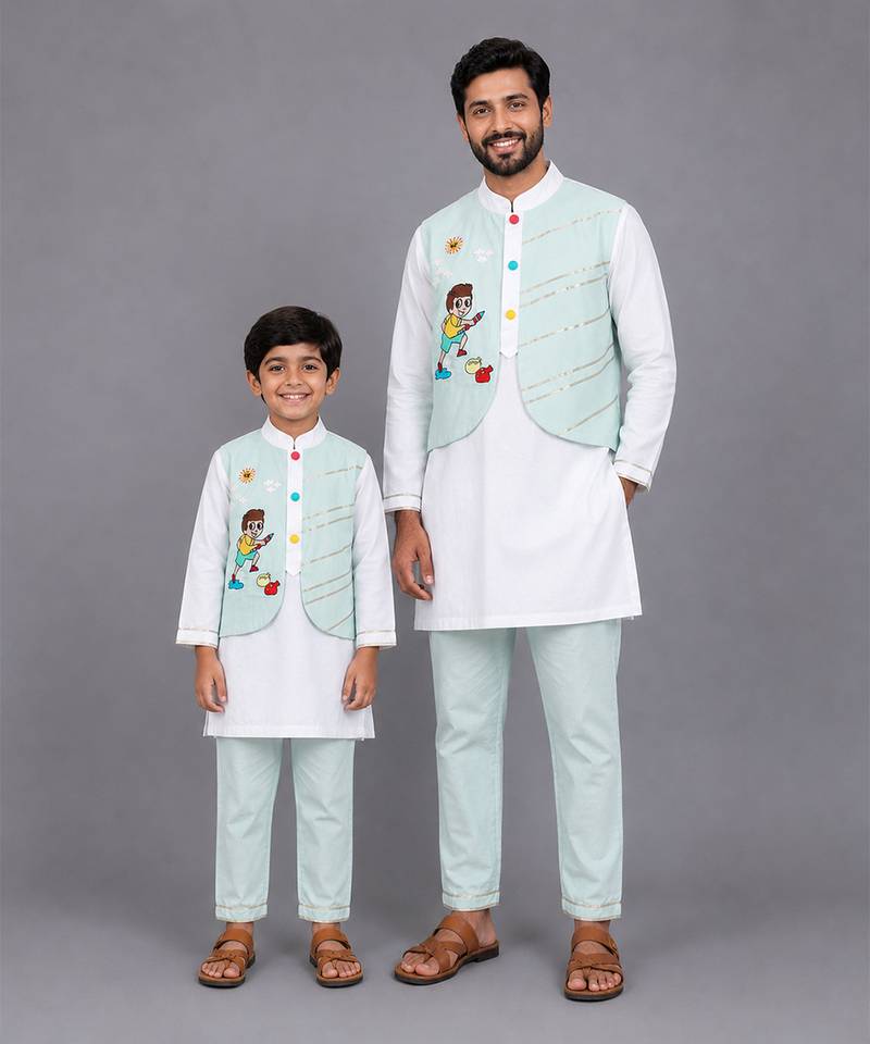 Ivory blue printed cotton father son kurta combo set