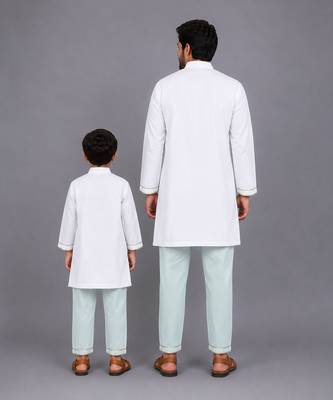 Ivory blue printed cotton father son kurta combo set 2