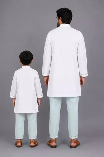 Ivory blue printed cotton father son kurta combo set