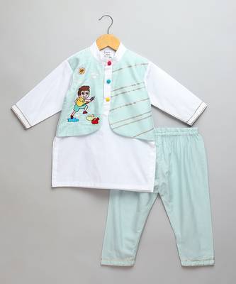 Ivory blue printed cotton father son kurta combo set 3