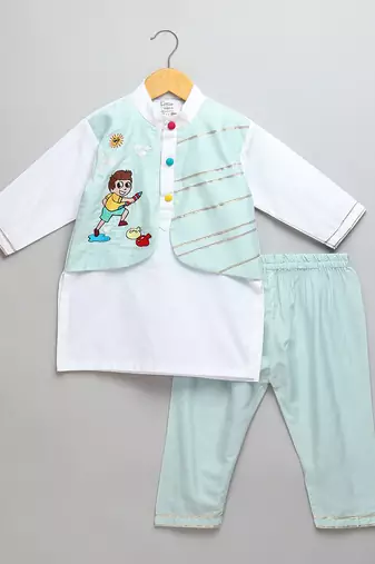 Ivory blue printed cotton father son kurta combo set