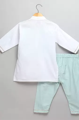 Ivory blue printed cotton father son kurta combo set