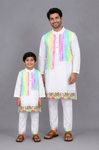 White multicolored printed cotton father son kurta combo set