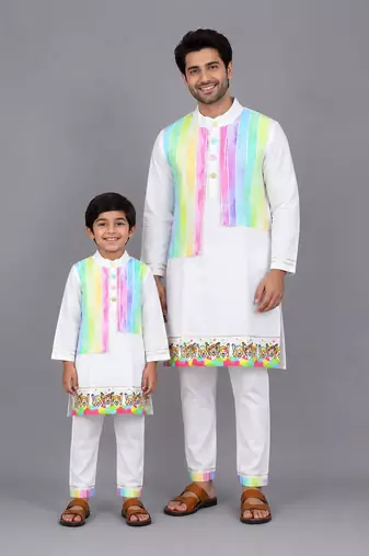 White multicolored printed cotton father son kurta combo set