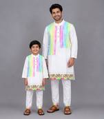 White multicolored printed cotton father son kurta combo set
