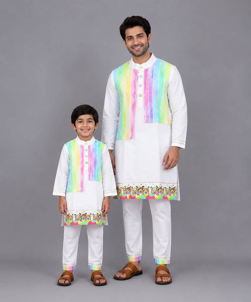 White multicolored printed cotton father son kurta combo set
