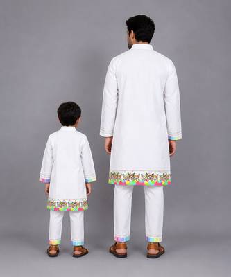 White multicolored printed cotton father son kurta combo set 2