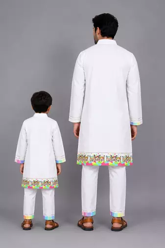 White multicolored printed cotton father son kurta combo set