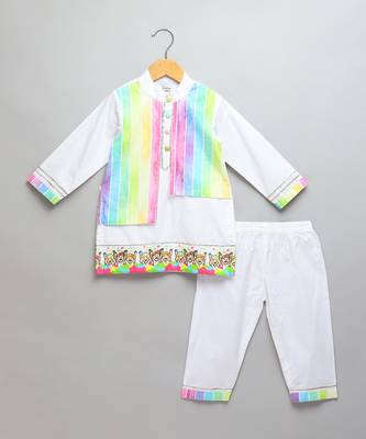 White multicolored printed cotton father son kurta combo set 3