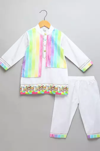 White multicolored printed cotton father son kurta combo set