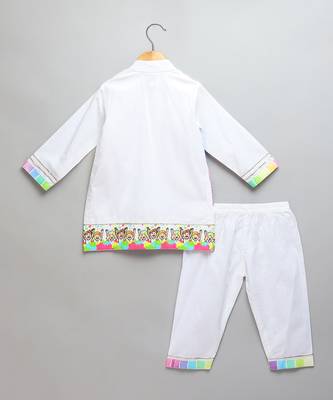 White multicolored printed cotton father son kurta combo set 4