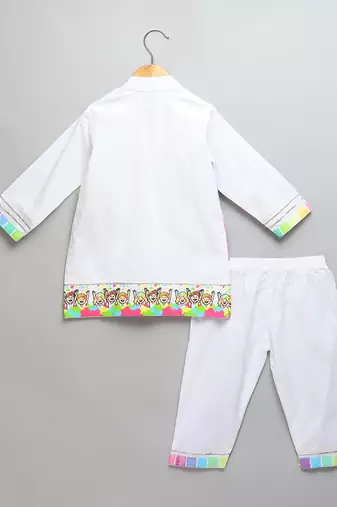 White multicolored printed cotton father son kurta combo set