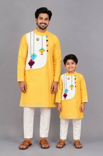 Mustard yellow embroidered cotton silk father son kurta combo set