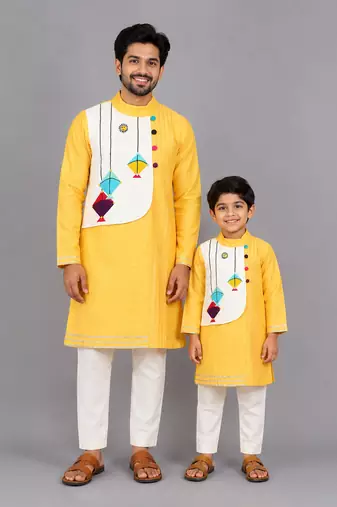 Mustard yellow embroidered cotton silk father son kurta combo set
