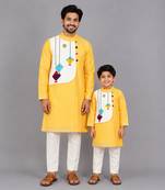 Mustard yellow embroidered cotton silk father son kurta combo set