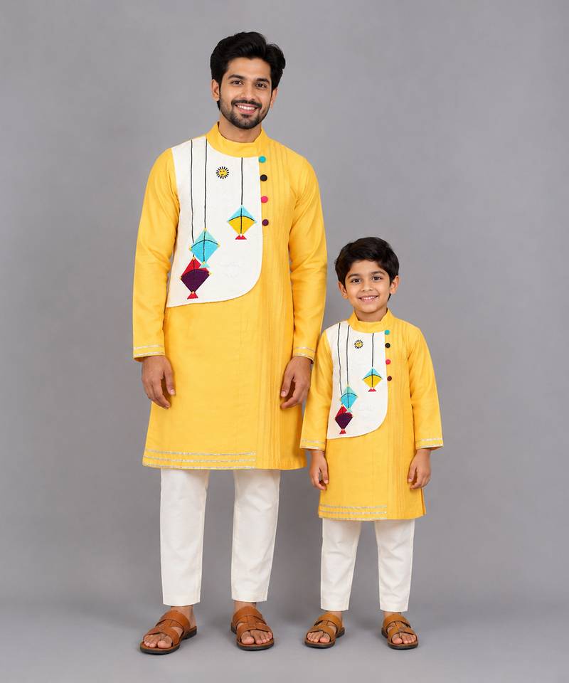 Mustard yellow embroidered cotton silk father son kurta combo set