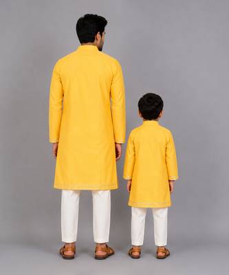 Mustard yellow embroidered cotton silk father son kurta combo set 2