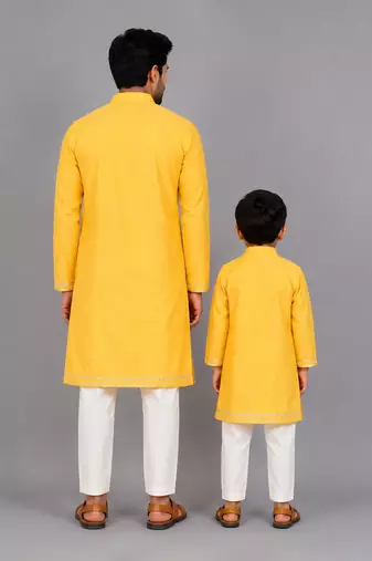 Mustard yellow embroidered cotton silk father son kurta combo set