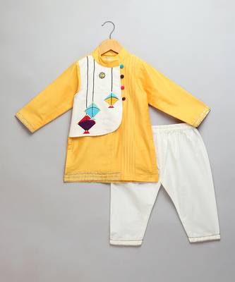 Mustard yellow embroidered cotton silk father son kurta combo set 3