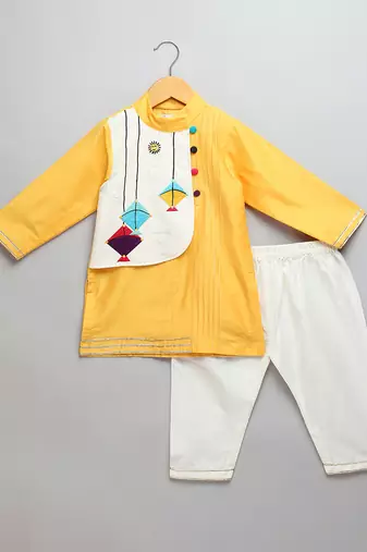 Mustard yellow embroidered cotton silk father son kurta combo set