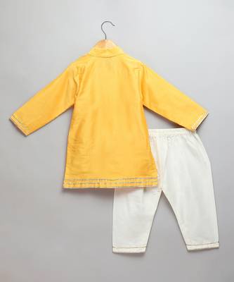 Mustard yellow embroidered cotton silk father son kurta combo set 4