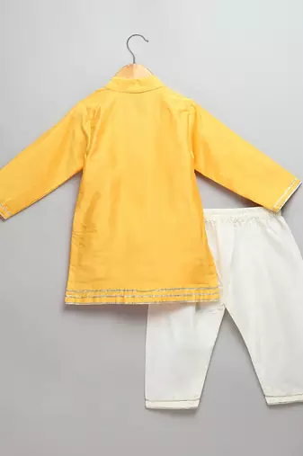 Mustard yellow embroidered cotton silk father son kurta combo set
