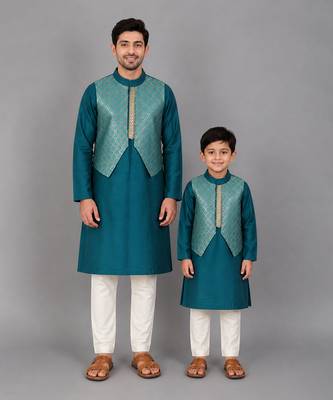 Teal blue woven cotton silk father son kurta combo set 1